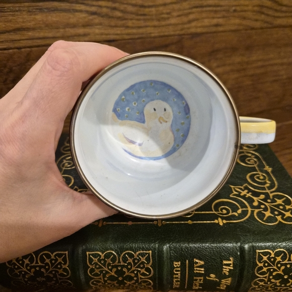 MacKenzie-Childs Blue Yellow Stripes Chess Pattern Duck Enamel Mug Retired - Picture 3 of 6